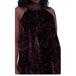 Torrid Top Women 3X Black Halter Pullover Sleeveless Red Floral Burnout Velvet